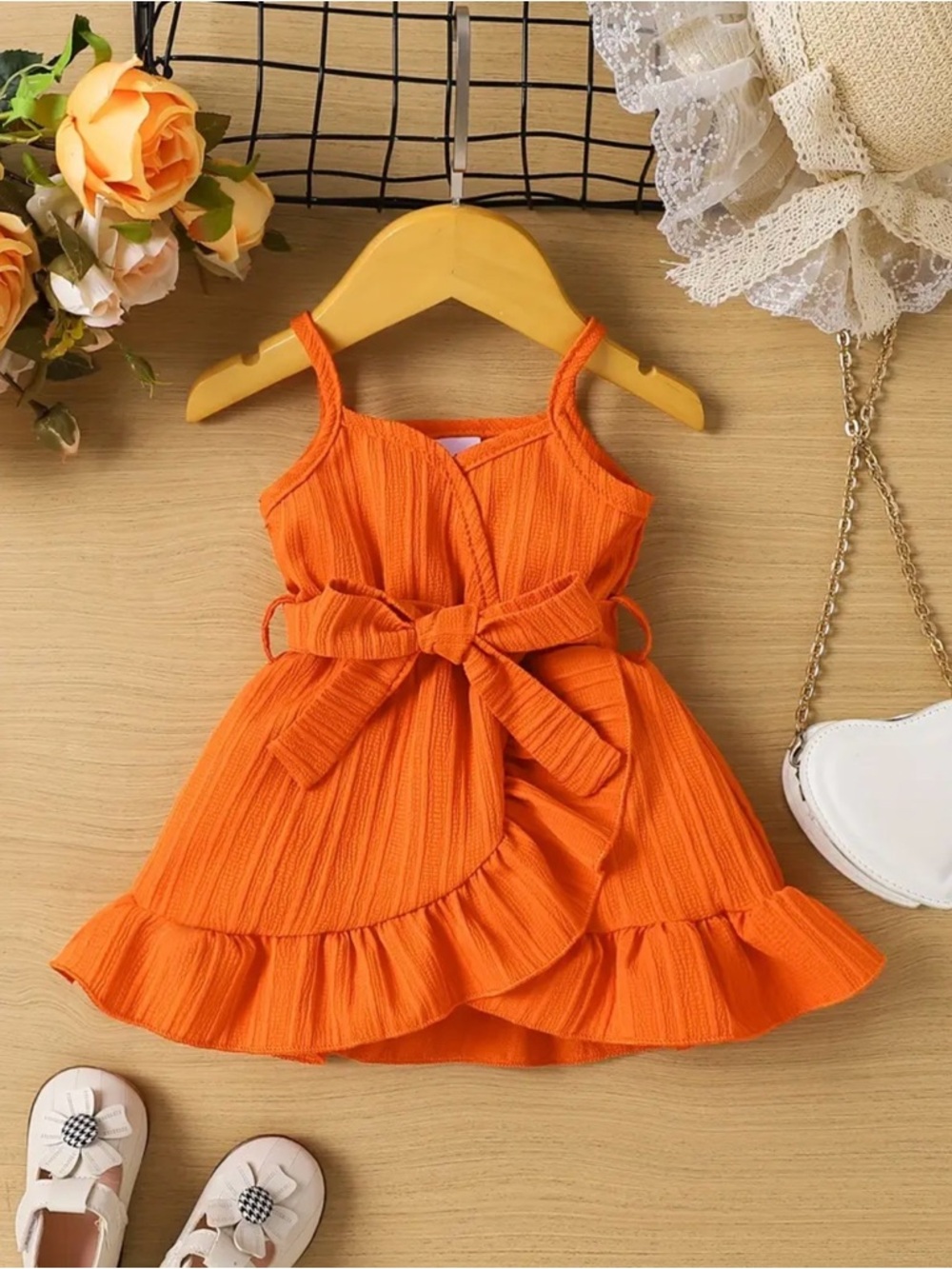 Girls Bright Orange Ruffle Tie-Front Summer Dress